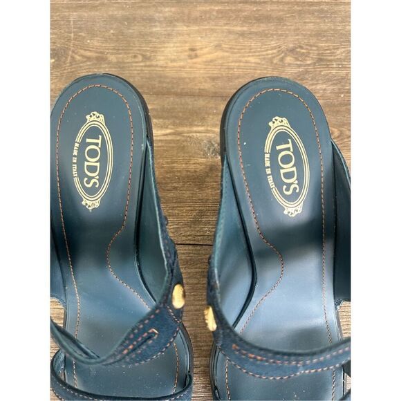 Tod’s Women “Ritz” Navy Blue Suede Heel Sandals, size 8.5 - Picture 2 of 9